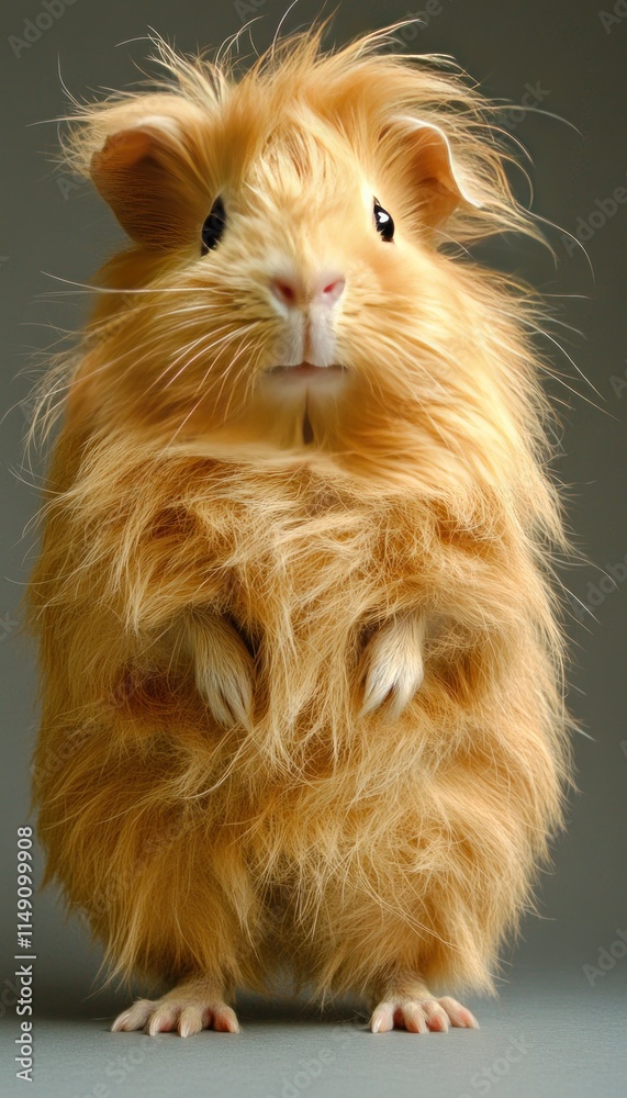 A fluffy, golden guinea pig standing upright, showcasing its vibrant fur and playful demeanor. A fluffy, golden guinea pig standing upright, showcasing its vibrant fur and playful demeanor.