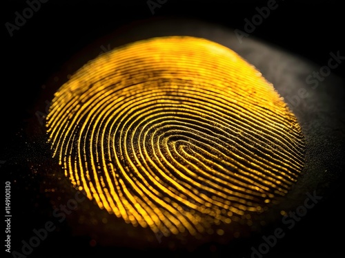 Macro Dactylography: Yellow Fingerprint on Black - Forensic Science, Crime Scene Investigation, Detailed Thumbprint photo