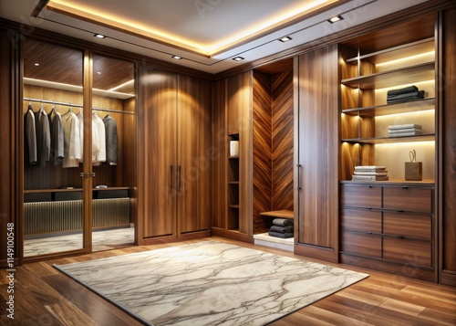 Macro Photography: Modern Wooden Wardrobe, 3D Rendered Walk-in Closet Design, Marble Floor photo