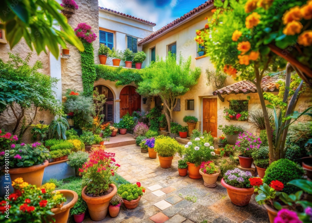 Obraz premium Mediterranean Courtyard Garden Tilt-Shift Watercolor Illustration - Warm Hues, Isolated White Background