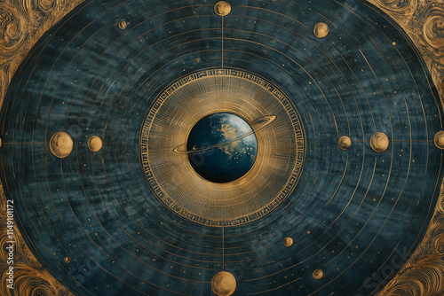 Geocentric Cosmos Illustration Depicting Earth at the Center with Concentric Celestial Spheres, Reflecting Astronomical and Religious Beliefs photo