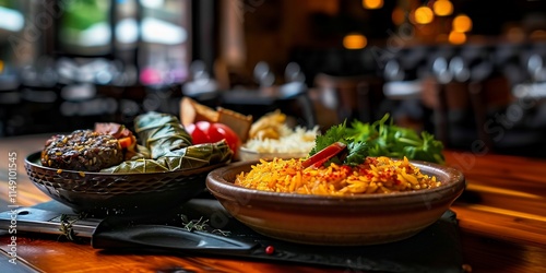 Delicious gourmet meal with rice, vegetables, and meat. photo