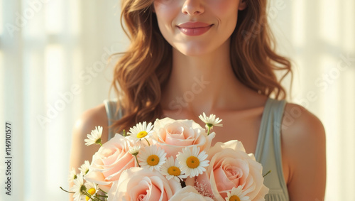 Radiant woman holding a colorful bouquet,smiling warmly on a colorful background.Young girl with a bouquet of flowers for themes of celebration, joy and appreciation. photo