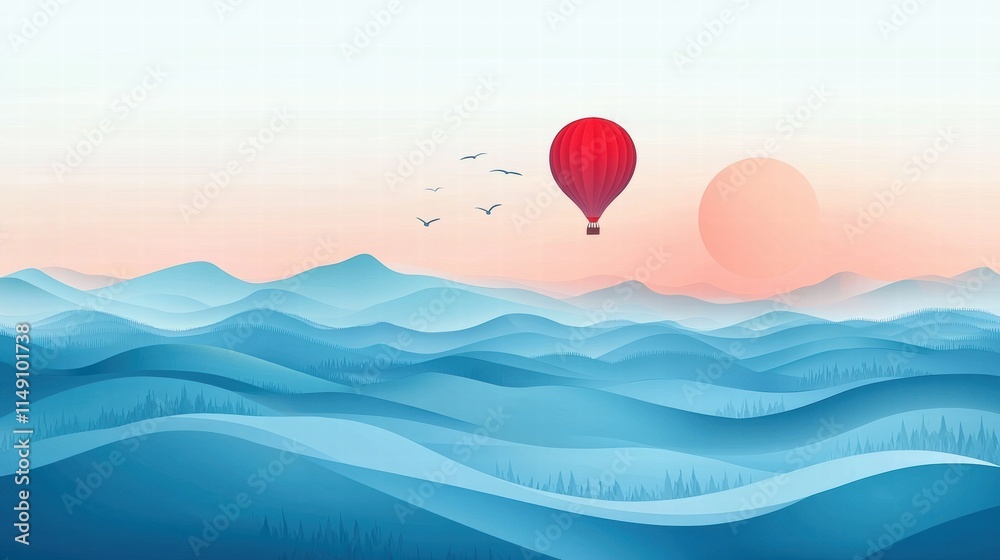 Obraz premium Hot Air Balloon Over Serene Blue Mountains at Sunrise