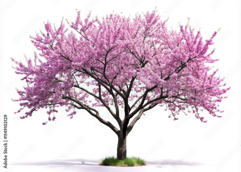 Obraz premium Minimalist Purple Cherry Blossom Tree, Isolated White Background, Spring, Nature Photography