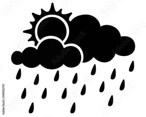 Sun with clouds and rain - vector silhouette illustration for logo or pictogram. Sun in clouds and raindrops, weather - sign or icon for weather forecast.	