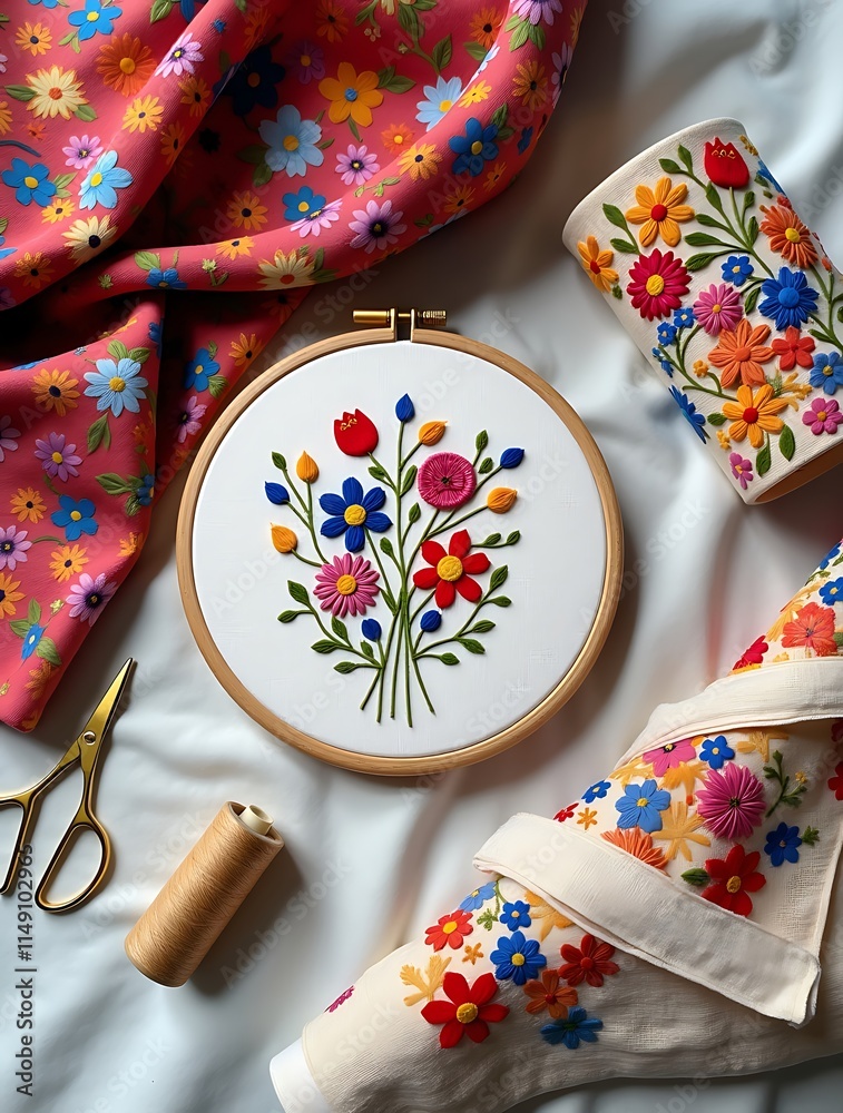 Obraz premium Close-up of Intricate Classic Embroidery Highlighting Detailed Stitch Work and Vibrant Colors in Traditional Textile Arts