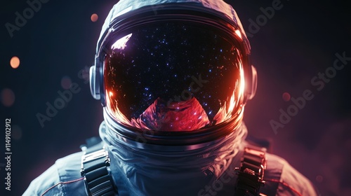 Close-up of astronaut's helmet reflecting nebula. photo