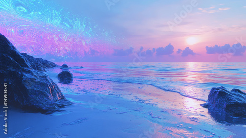 Iridescent Beach Sunset: 3D Rendered Fantasy Seascape