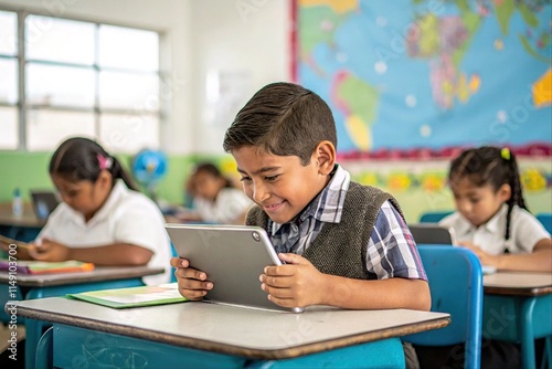 Young  Mexican Student with a Tablet in Classroom