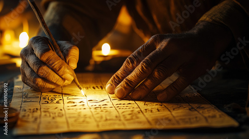 Ancient Egyptian Scribe Writing Papyrus with Reed Pen photo