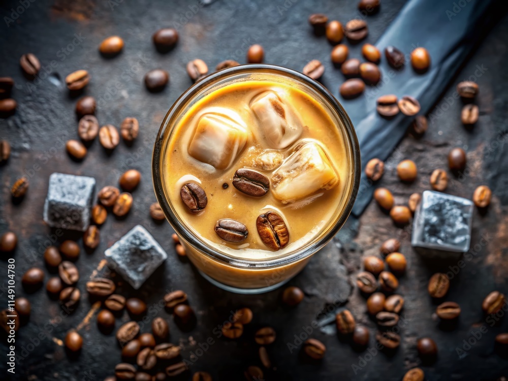 Iced Bulletproof Coffee: Aerial View with Copy Space - Stock Photo Iced Bulletproof Coffee: Aerial View with Copy Space - Stock Photo