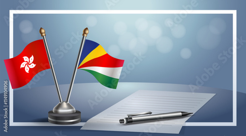 Hong Kong and Seychelles National flags on small table with bokeh background, cooperative relationship