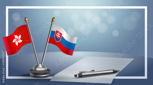 Hong Kong and Slovakia National flags on small table with bokeh background, cooperative relationship