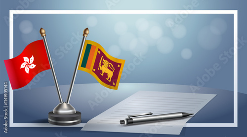 Hong Kong and Sri Lanka National flags on small table with bokeh background, cooperative relationship