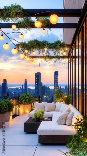 Fairy lit rooftop garden with lush plants and sunset view