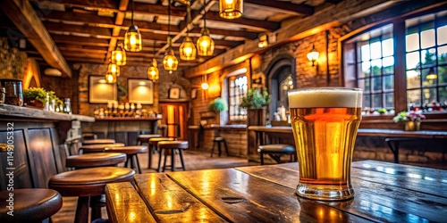 Pub Interior, Pint of Beer, Cozy Atmosphere, British Pub, Traditional Pub, Wooden Bar,  Architectural Photography,  Evening Ambiance,  Relaxing Atmosphere,  Warm Lighting photo