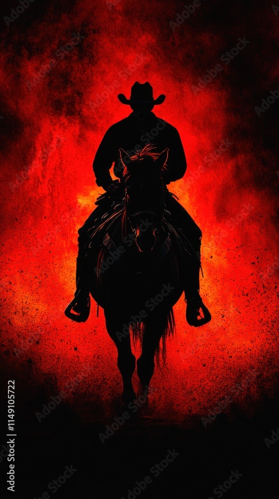 A silhouetted cowboy riding a horse against a fiery red background, evoking a dramatic mood.