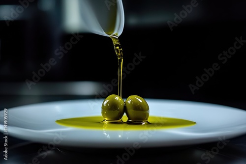 Dripping Olive Oil Over Fresh Green Olives on a White Plate in a Dramatic Kitchen Setting with Macro Photography and Rich Lighting