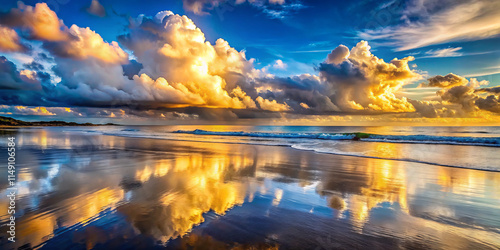 Wallpaper Mural Stunning coastal scene with vibrant clouds reflecting on wet sand, creating serene atmosphere. golden hues of sunset enhance beauty of ocean Torontodigital.ca