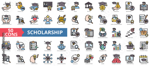 Scholarship icon collection set. Containing financial aid, tuition assistance, grant, fellowship, award, bursary, stipend icon. Simple flat outline vector illustration.