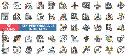 Key performance indicator icon collection set. Containing metrics, performance, indicator, targets, objective, measurement, improvement icon. Simple flat outline vector illustration.