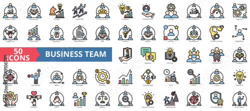 Business team icon collection set. Containing collaboration, strategy, leadership, communication, innovation, empowerment, synergy icon. Simple flat outline vector illustration.