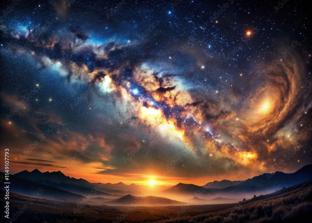 stunning cosmic landscape featuring vibrant galaxy, mountains, and sunset. scene captures beauty of universe with rich colors and dreamy atmosphere stunning cosmic landscape featuring vibrant galaxy, mountains, and sunset. scene captures beauty of universe with rich colors and dreamy atmosphere