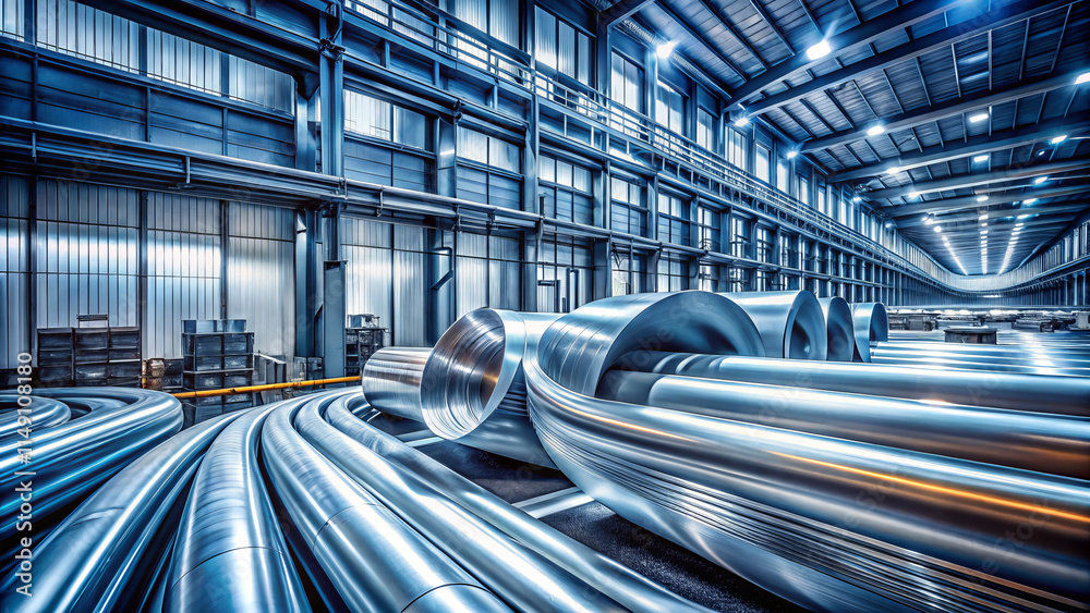 Fototapeta premium Industrial aluminum pipes and sheets in spacious warehouse, showcasing modern manufacturing environment with bright lighting and clean aesthetic