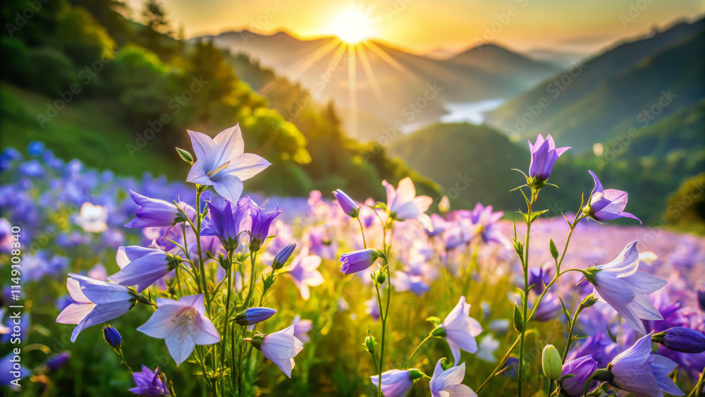 vibrant field of purple flowers under golden sunrise, showcasing nature beauty and tranquility. mountains in background add depth to this serene landscape vibrant field of purple flowers under golden sunrise, showcasing nature beauty and tranquility. mountains in background add depth to this serene landscape