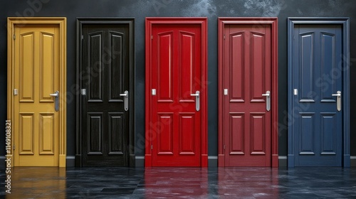 A series of open doors in different colors, representing choice and variation in business opportunities, showcasing how companies can diversify to meet different market demands.