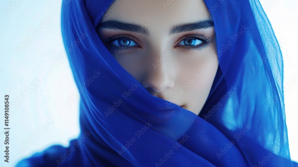 Naklejka premium Radiant Young Middle Eastern Woman with Blue Hijab Portrait