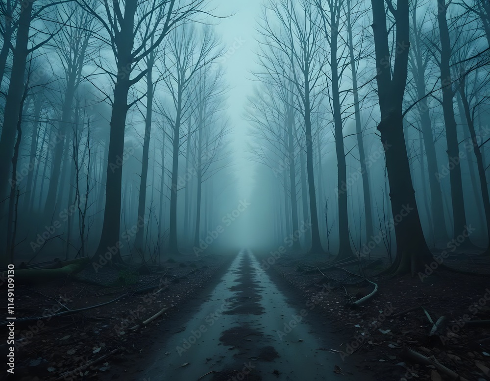 Naklejka premium Spooky Foggy Forest Path at Dusk