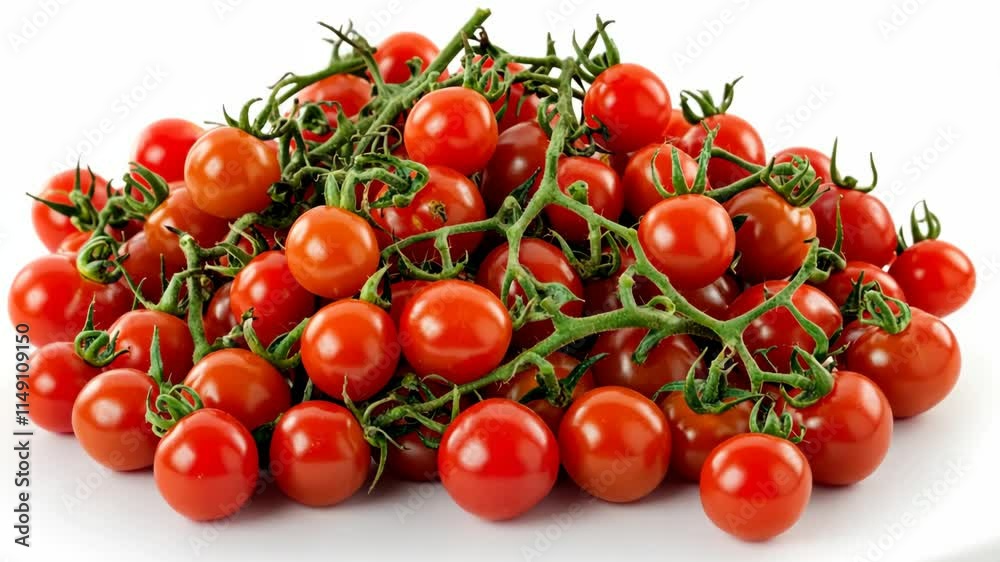Fresh cherry tomatoes harvested and displayed in a vibrant cluster on a white background Fresh cherry tomatoes harvested and displayed in a vibrant cluster on a white background