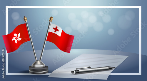 Hong Kong and Tonga National flags on small table with bokeh background, cooperative relationship

