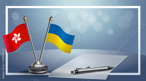 Hong Kong and Ukraine National flags on small table with bokeh background, cooperative relationship
