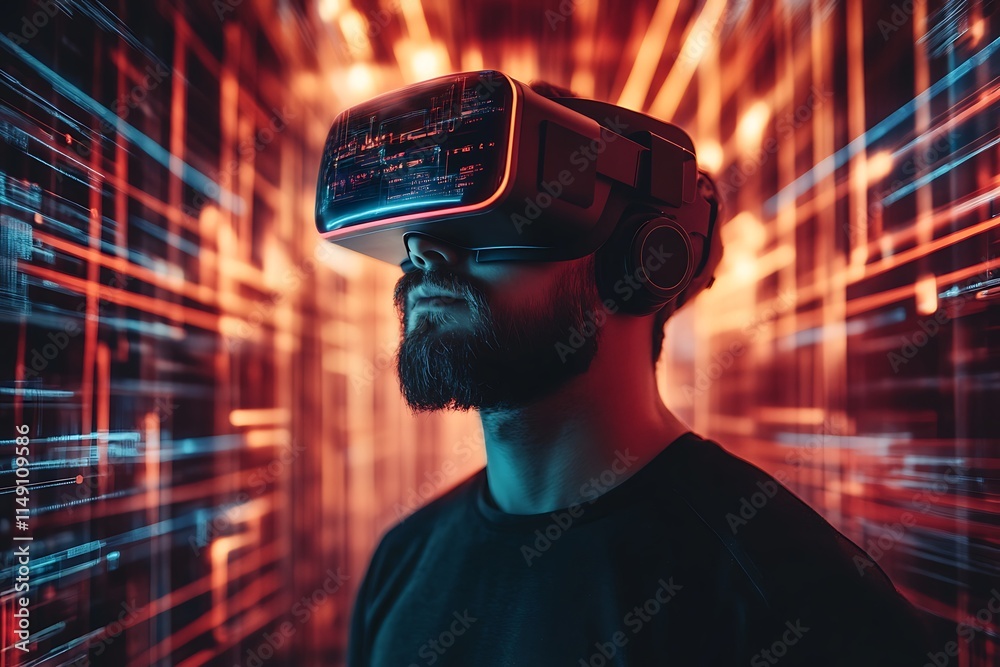 Future Technology, Man with VR Headset in Digital Corridor. Concept of Virtual Reality, Innovation, and the Metaverse. Future Technology, Man with VR Headset in Digital Corridor. Concept of Virtual Reality, Innovation, and the Metaverse.