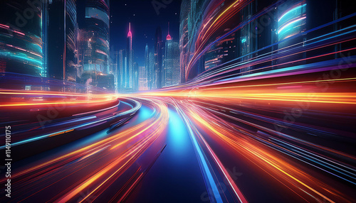 3D Rendering of highway in city. High speed motion blur. Concept of leading in business, Hi tech products background, artificial intelligence, hyper loop, virtual reality, high speed network. photo