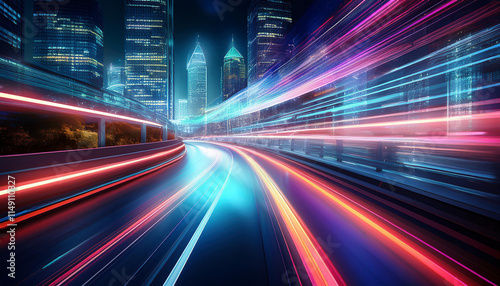 3D Rendering of highway in city. High speed motion blur. Concept of leading in business, Hi tech products background, artificial intelligence, hyper loop, virtual reality, high speed network. photo