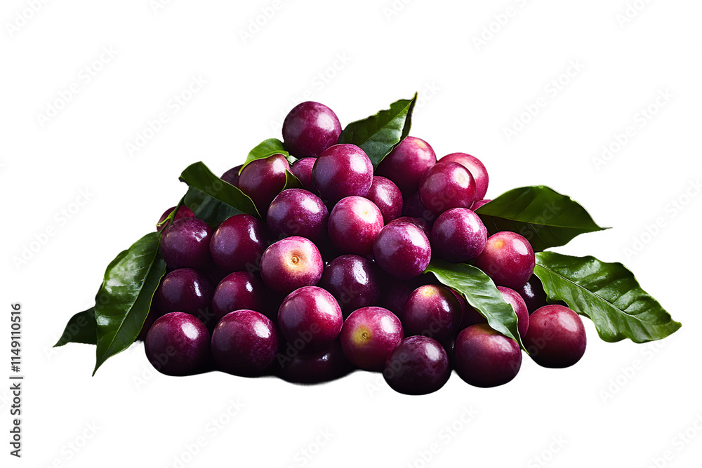 Pile of Dark-Red Coffee Cherries with Green Leaves Isolated On A White Background, PNG Transparent Pile of Dark-Red Coffee Cherries with Green Leaves Isolated On A White Background, PNG Transparent