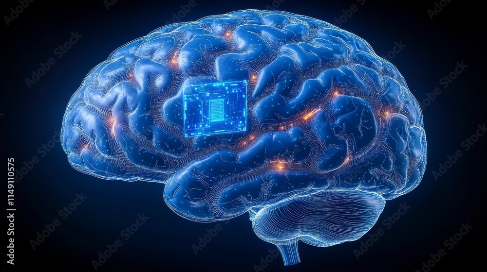 A digital representation of the human brain, featuring neural circuits and glowing AI algorithms, illustrating the future of artificial intelligence and its potential to enhance human brain functions. A digital representation of the human brain, featuring neural circuits and glowing AI algorithms, illustrating the future of artificial intelligence and its potential to enhance human brain functions.