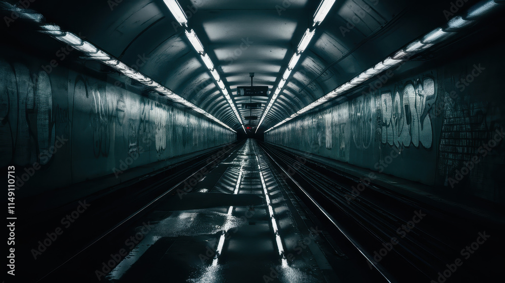 A dark, moody subway tunnel with glossy tracks reflecting overhead lights, creating an eerie yet captivating atmosphere. A dark, moody subway tunnel with glossy tracks reflecting overhead lights, creating an eerie yet captivating atmosphere.