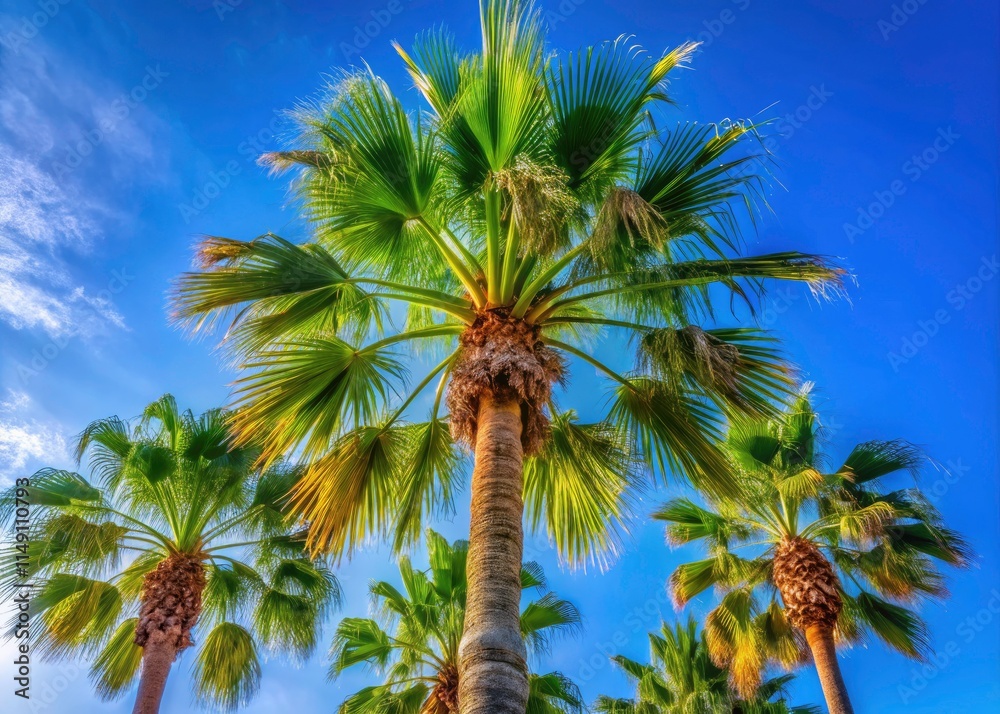 Naklejka premium Washingtonia Palm Tree, Deep Blue Sky, High Depth of Field, Majestic Palm, California Fan Palm, Desert Palm Tree, Vibrant Blue Sky, Palm Tree Photography