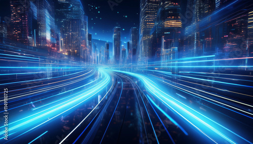 3D Rendering of warp speed in hyper loop with blur light from buildings  lights in mega city at night. Concept of next generation technology  fin tech  big data  5g fast network  machine learning