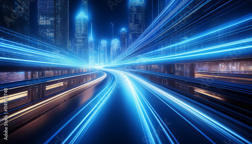 Abstract motion curvy urban road with neon light motion effect applied . Automobile background use concept .
