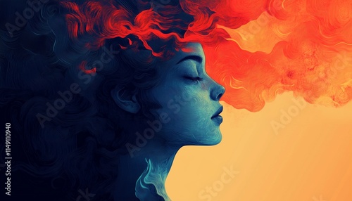 Illustration of watercolor painting of woman with smoke effect, watercolor painting of woman is suitable for psychology and mental health theme, abstract watercolor painting with psychology and mental