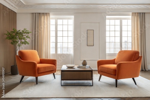 A minimalist living room with a cream boucle sofa, terracotta accent chairs, a low walnut coffee table, sheer curtains, neutral walls, soft lighting, and a wool rug adding warmth and elegance photo