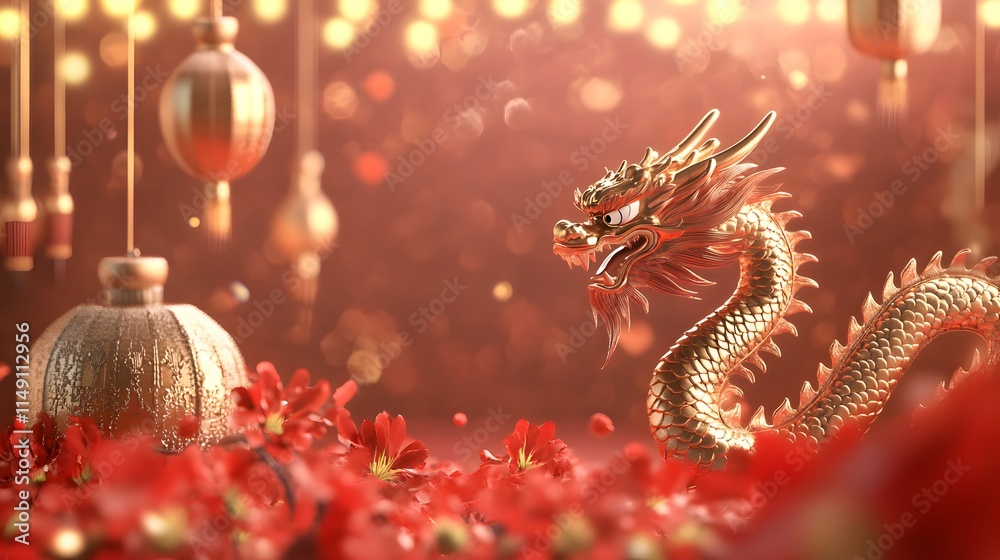 Obraz premium Golden Dragon Amidst Red Blossoms and Festive Ornaments