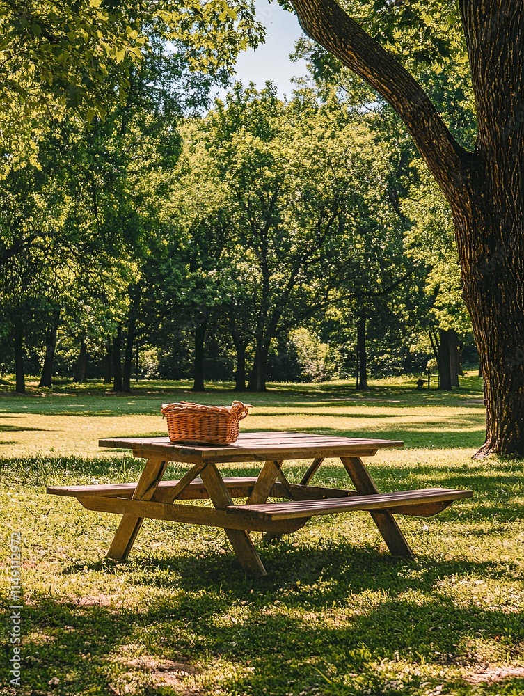 Sunny picnic table surrounded by lush trees in a peaceful park nature photography inviting outdoor setting Sunny picnic table surrounded by lush trees in a peaceful park nature photography inviting outdoor setting