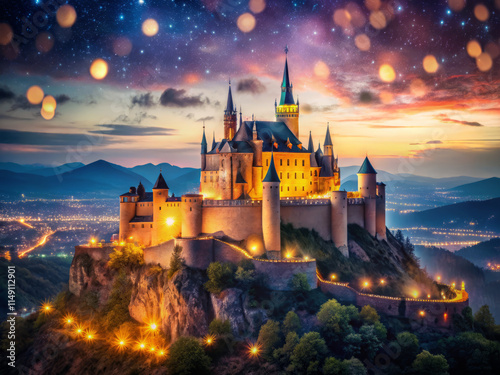 mystical castle stands majestically on shimmering mesa at night, illuminated by warm lights against starry sky. enchanting scene evokes sense of wonder and magic